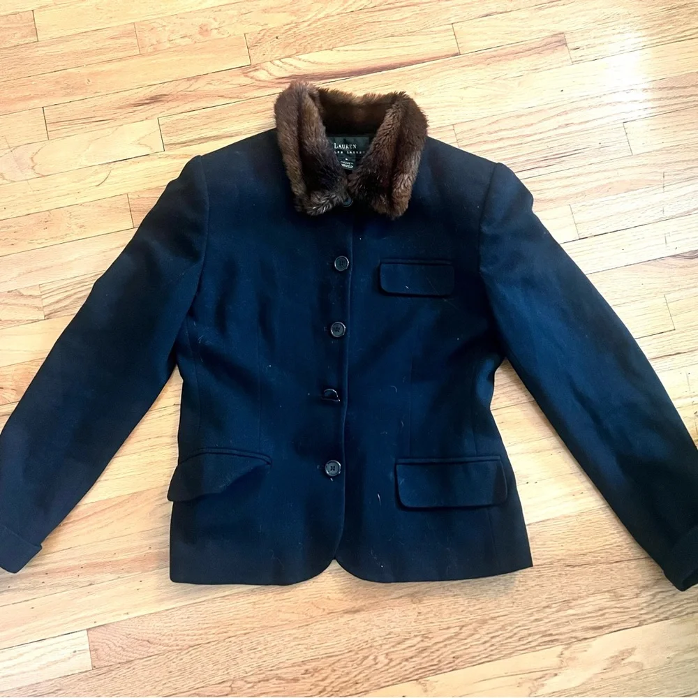 Lauren Ralph Lauren Navy Pea Coat with Brown Faux Fur Collar - Picture 3 of 5